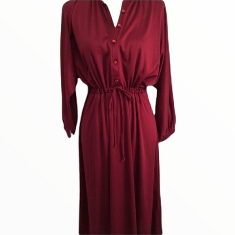 Chipper 70s 80s Long Sleeve Dress Button up Front and Drawstring Waist Vintage